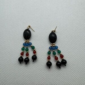 Vintage 14K Yellow Gold Carved Black Egyptian Scarab Dangle Stud Earrings